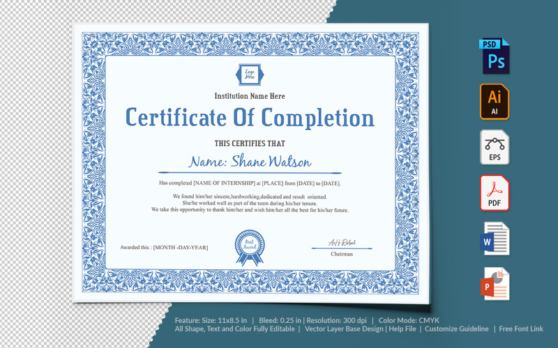 Download Шаблон сертификата "Completion Certificate Template" / Completion Certificate Template - Шаблон сертификата на тему графика certificate,appreciation,recognition,completion,achivement,school,collage,diploma,graduation,reward,design,template,printable,editable,custom,pdf,word,psd,eps,powerpoint