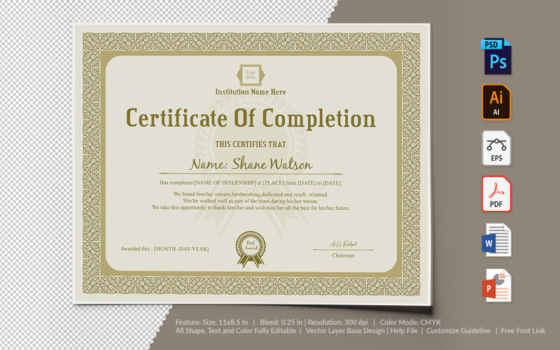 Download Шаблон сертификата "Completion Certificate Template" / Completion Certificate Template - Шаблон сертификата на тему графика certificate,appreciation,recognition,completion,achivement,school,collage,diploma,graduation,reward,design,template,printable,editable,custom,pdf,word,psd,eps,powerpoint