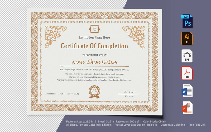 Download Шаблон сертификата "Completion Certificate Template" / Completion Certificate Template - Шаблон сертификата на тему графика certificate,appreciation,recognition,completion,achivement,school,collage,diploma,graduation,reward,design,template,printable,editable,custom,pdf,word,psd,eps,powerpoint