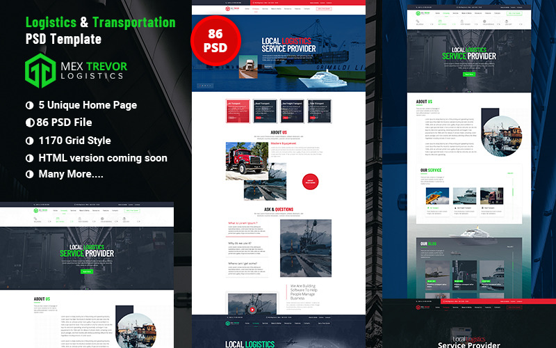 Download PSD шаблон "MEX TREVOR Logistic &amp; Transport PSD Template" / MEX TREVOR Logistic &amp; Transport PSD Template - PSD шаблон на тему графика cargo,freight,logistics,shipment,transport,transportation,trucking,logistic,relocation,services,shipping,psd