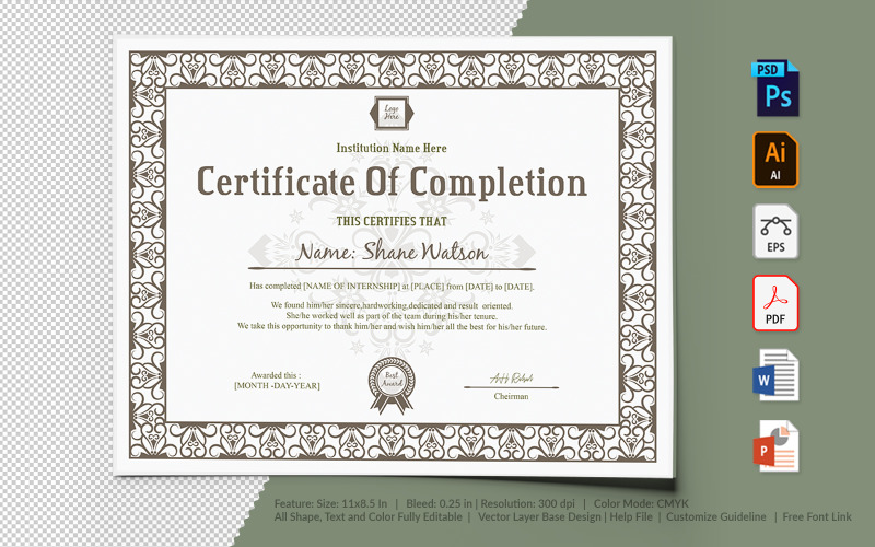Download Шаблон сертификата "Completion Certificate Template" / Completion Certificate Template - Шаблон сертификата на тему графика certificate,appreciation,recognition,completion,achivement,school,collage,diploma,graduation,reward,design,template,printable,editable,custom,pdf,word,psd,eps,powerpoint