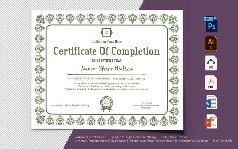 Download Шаблон сертификата "Completion Certificate Template" / Completion Certificate Template - Шаблон сертификата на тему графика certificate,appreciation,recognition,completion,achivement,school,collage,diploma,graduation,reward,design,template,printable,editable,custom,pdf,word,psd,eps,powerpoint