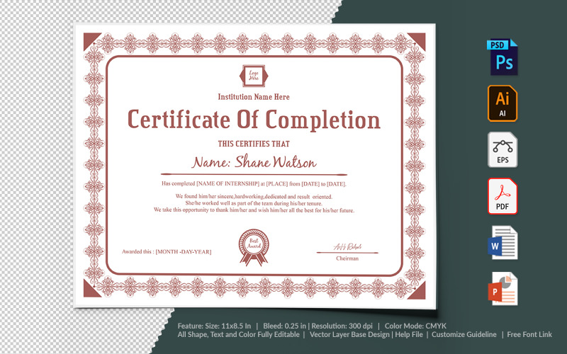 Download Шаблон сертификата "Completion Certificate Template" / Completion Certificate Template - Шаблон сертификата на тему графика certificate,appreciation,recognition,completion,achivement,school,collage,diploma,graduation,reward,design,template,printable,editable,custom,pdf,word,psd,eps,powerpoint