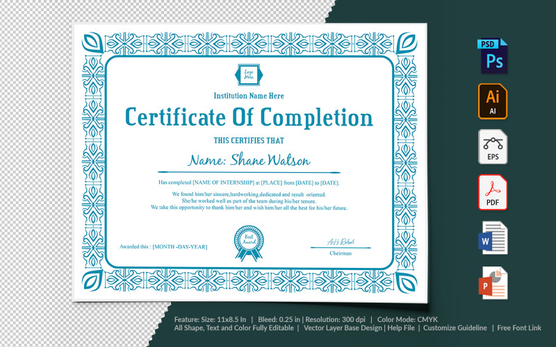 Download Шаблон сертификата "Completion Certificate Template" / Completion Certificate Template - Шаблон сертификата на тему графика certificate,appreciation,recognition,completion,achivement,school,collage,diploma,graduation,reward,design,template,printable,editable,custom,pdf,word,psd,eps,powerpoint