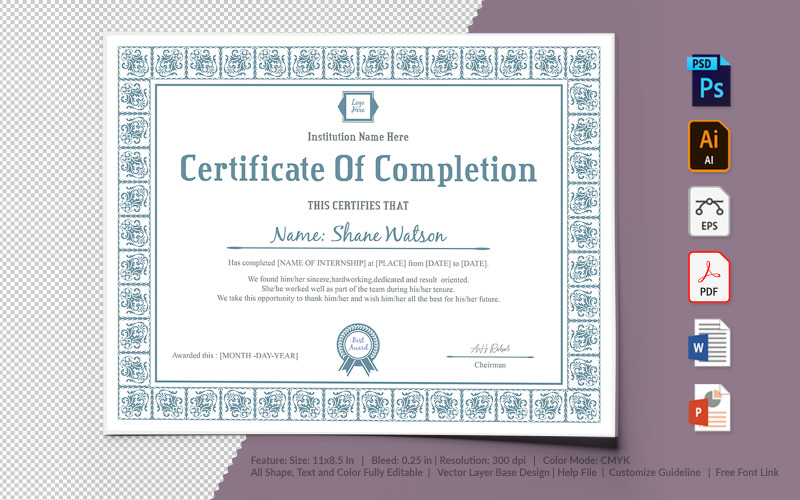 Download Шаблон сертификата "Completion Certificate Template" / Completion Certificate Template - Шаблон сертификата на тему графика certificate,appreciation,recognition,completion,achivement,school,collage,diploma,graduation,reward,design,template,printable,editable,custom,pdf,word,psd,eps,powerpoint
