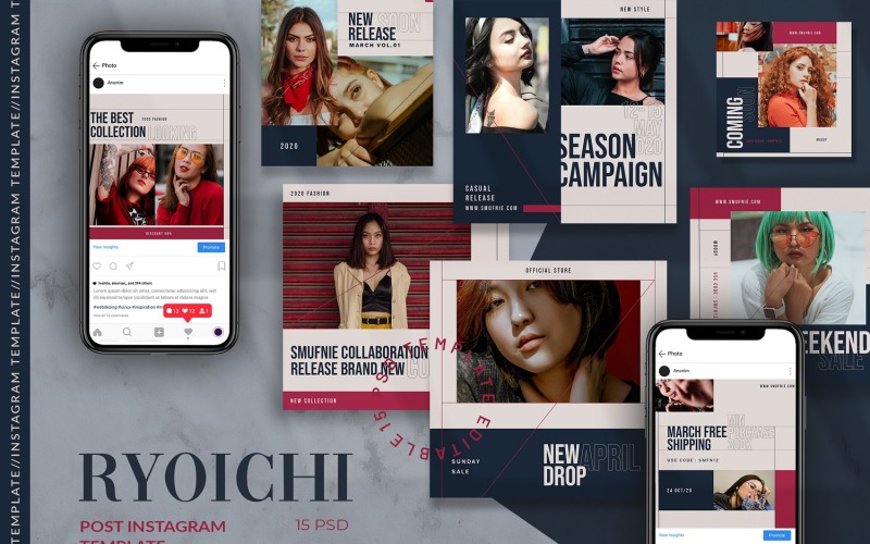 Download Шаблон для соцсетей "Ryoichi - Fashion Instagram Post Template for Social Media" / Ryoichi - Fashion Instagram Post Template for Social Media - Шаблон для соцсетей на тему графика creative,instagram,post,feed,fashion,feminime,stylish,lifestyle,layout,unique,minimal,whitespace,modern,clean,elegant