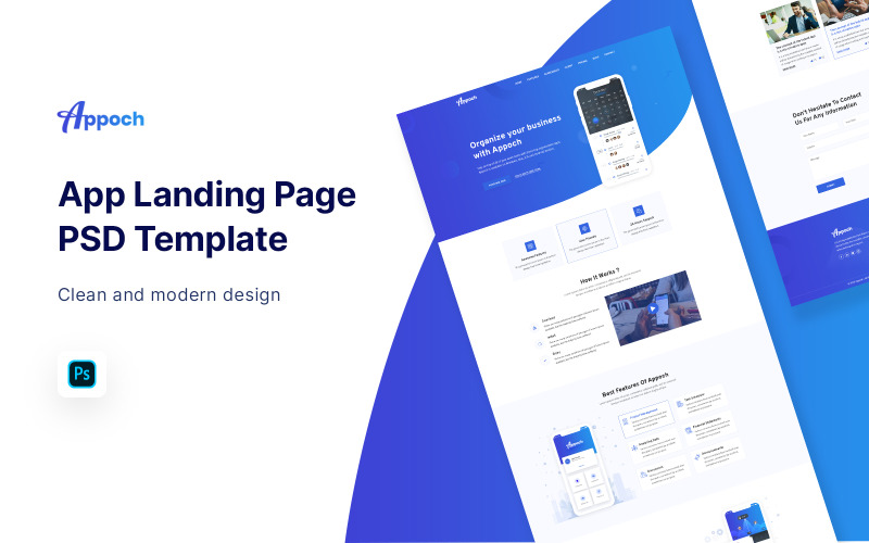 Download PSD шаблон "Appoch - App Landing Page PSD Template" / Appoch - App Landing Page PSD Template - PSD шаблон на тему веб-дизайн app,landing,page,web,website,site,desktop,home,psd,template,kit,ui,ux,application,presentation,elements,photoshop,bootstrap,design,appoch