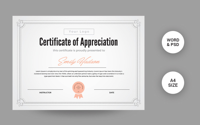 Download Шаблон сертификата "Appreciation Certificate Template" / Appreciation Certificate Template - Шаблон сертификата на тему графика editable,completion,appreciation,achievement,certificate,custom,diploma,printed,file,template,graduation