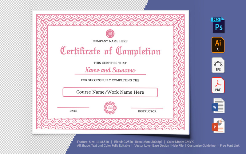 Download Шаблон сертификата "Completion Certificate Template" / Completion Certificate Template - Шаблон сертификата на тему графика certificate,appreciation,recognition,completion,achivement,school,collage,diploma,graduation,reward,design,template,printable,editable,custom,pdf,word,psd,eps,powerpoint