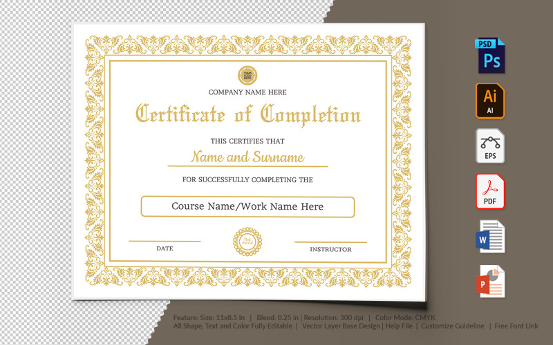 Download Шаблон сертификата "Completion Certificate Template" / Completion Certificate Template - Шаблон сертификата на тему графика certificate,appreciation,recognition,completion,achivement,school,collage,diploma,graduation,reward,design,template,printable,editable,custom,pdf,word,psd,eps,powerpoint