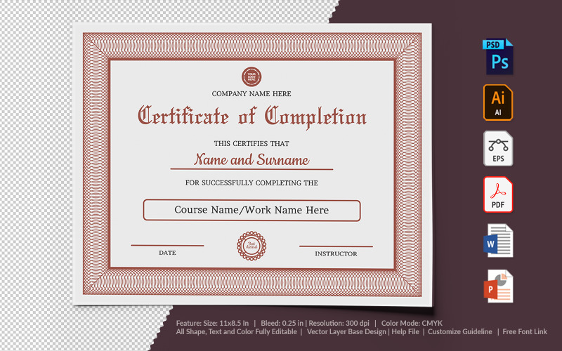 Download Шаблон сертификата "Completion Certificate Template" / Completion Certificate Template - Шаблон сертификата на тему графика certificate,appreciation,recognition,completion,achivement,school,collage,diploma,graduation,reward,design,template,printable,editable,custom,pdf,word,psd,eps,powerpoint