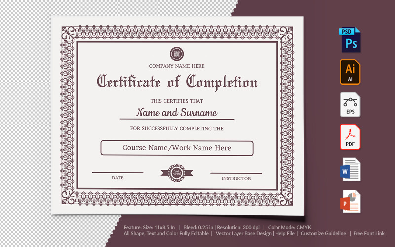 Download Шаблон сертификата "Completion Certificate Template" / Completion Certificate Template - Шаблон сертификата на тему графика certificate,appreciation,recognition,completion,achivement,school,collage,diploma,graduation,reward,design,template,printable,editable,custom,pdf,word,psd,eps,powerpoint