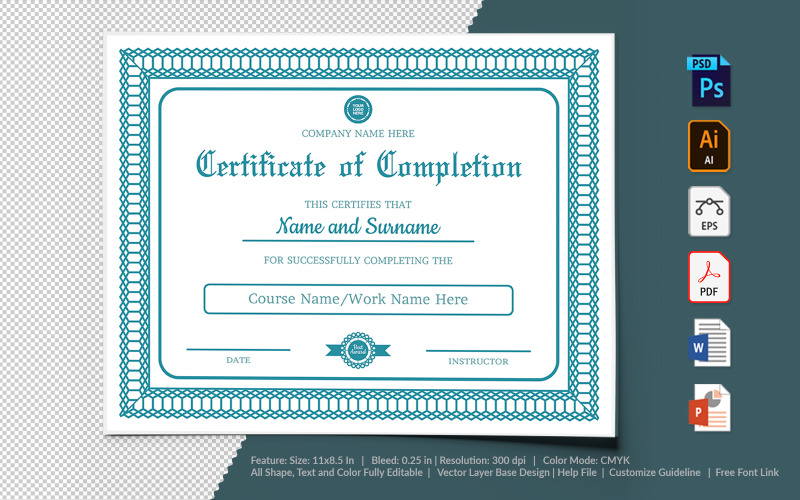 Download Шаблон сертификата "Completion Certificate Template" / Completion Certificate Template - Шаблон сертификата на тему графика certificate,appreciation,recognition,completion,achivement,school,collage,diploma,graduation,reward,design,template,printable,editable,custom,pdf,word,psd,eps,powerpoint
