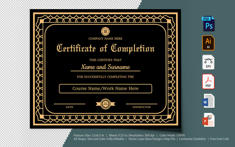 Download Шаблон сертификата "Completion Certificate Template" / Completion Certificate Template - Шаблон сертификата на тему графика certificate,appreciation,recognition,completion,achivement,school,collage,diploma,graduation,reward,design,template,printable,editable,custom,pdf,word,psd,eps,powerpoint