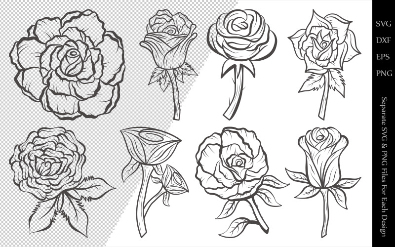 Download Иллюстрация "Rose Flower Outline Bundle Drawings - Illustration" / Rose Flower Outline Bundle Drawings - Illustration - Иллюстрация на тему графика rose,flower,floral,leaves,plant,design,svg,dxf,eps,png,clipart,cut,file,line,drawing,sketch,wreath,botanical,illustration,outline