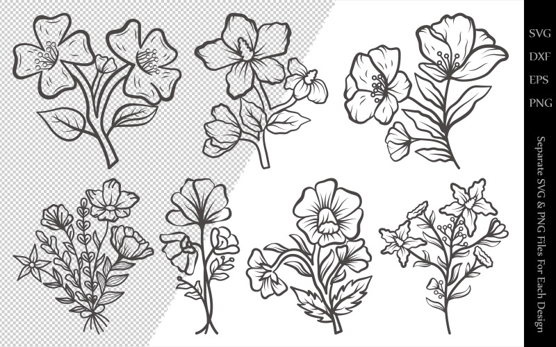 Download Иллюстрация "Wild Flower Outline Bundle Drawings - Illustration" / Wild Flower Outline Bundle Drawings - Illustration - Иллюстрация на тему графика wild,flower,floral,leaves,plant,design,svg,dxf,eps,png,clipart,cricut,cut,file,line,drawing,sketch,wreath,botanical,illustration