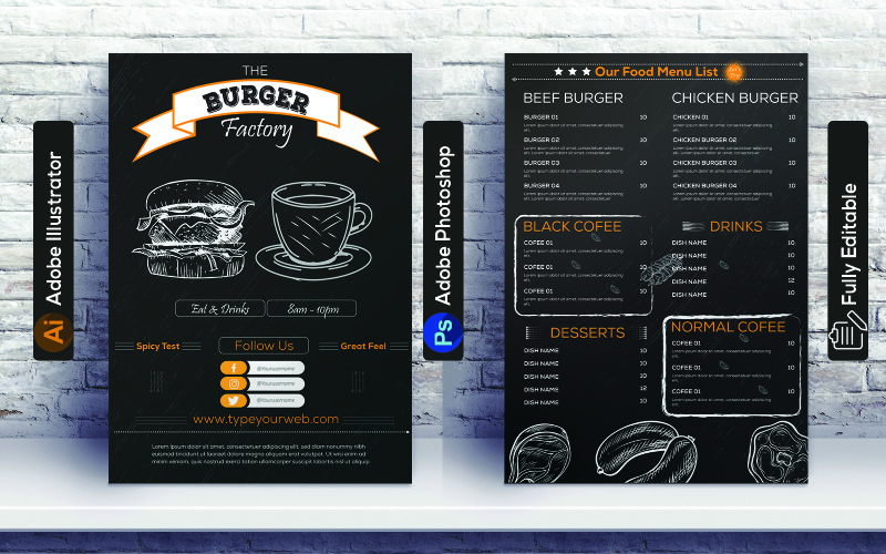 Download Фирменный стиль "Restaurant Burger Menu design - Corporate Identity Template" / Restaurant Burger Menu design - Corporate Identity Template - Фирменный стиль на тему графика food,menu,design,burger,flyer,restaurant,template,print,ready,sketch,poster,coffee