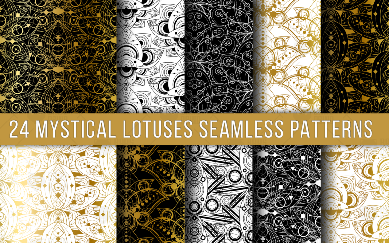 Download Pattern "Mystical Lotuses Seamless Set Pattern" / Mystical Lotuses Seamless Set Pattern - Pattern на тему графика vintage,illustration,design,template,retro,fashion,decorative,ornamental,ink,vector,thin,floral,boho,texture,fabric,round,art,tattoo,sun,hand,abstract,shapes,ornament,magic,religious,decorati