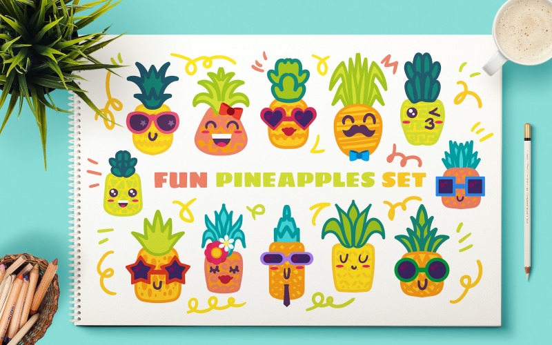 Download Фирменный стиль "Fun Pineapple Charscters Set - Corporate Identity Template" / Fun Pineapple Charscters Set - Corporate Identity Template - Фирменный стиль на тему графика hand-drawn,illustration,design,cute,sweet,food,decorative,trendy,nature,summer,minimal,vector,simple,textured,natural,organic,art,color,collection,drawn,clipart,happy,tropical,fresh,hand,styl