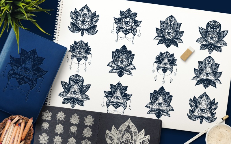Download Фирменный стиль "Magic Lotus With Providence Eye - Corporate Identity Template" / Magic Lotus With Providence Eye - Corporate Identity Template - Фирменный стиль на тему графика vintage,illustration,design,sign,decorative,vector,boho,fabric,art,color,tattoo,bohemian,ornament,magic,yoga,flower,print,icon,drawing,astrology,element,meditation,mysterious,eye,doodle,manda