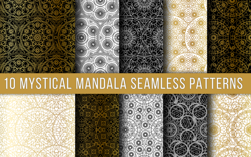 Download Pattern "Mystical Mandala Seamless Set Pattern" / Mystical Mandala Seamless Set Pattern - Pattern на тему графика paint,hand-drawn,illustration,design,book,decorative,ink,vector,thin,boho,pencil,round,art,collection,tattoo,abstract,bohemian,ornament,gold,decoration,yoga,background,black,white,drawing,sha