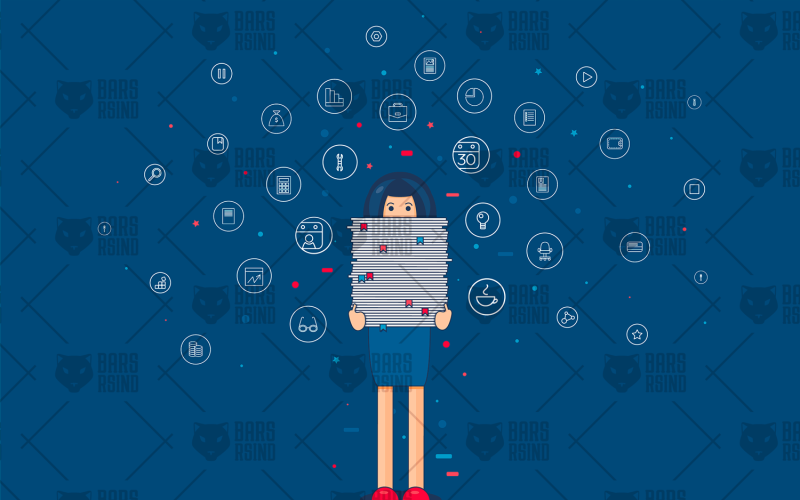 Download Иллюстрация "Overworked Employee - Illustration" / Overworked Employee - Illustration - Иллюстрация на тему графика vector,woman,female,flat,business,manager,work,bookmark,cartoon,people,office,paper,humor,concept,document,file,conceptual,person,personnel,problem,stress,tired,career,employee,worker,job,tas