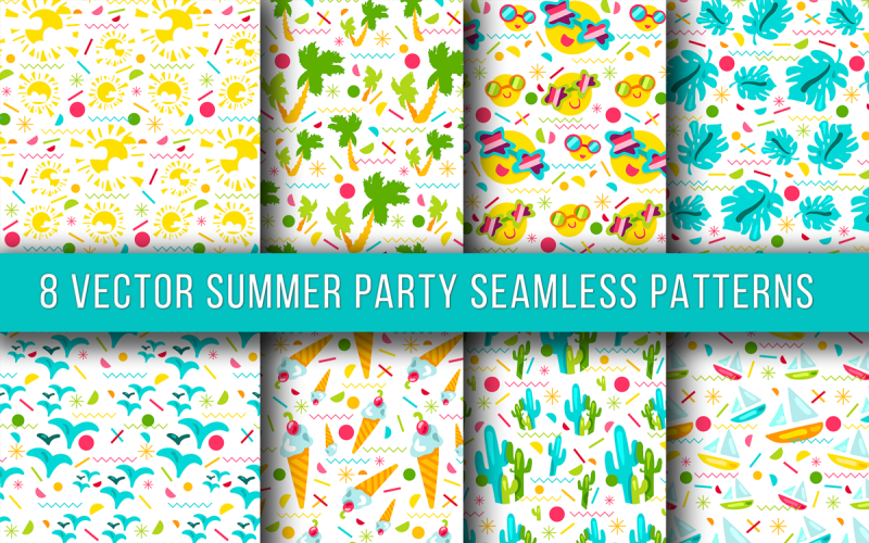 Download Pattern "Summer Party Seamless Set Pattern" / Summer Party Seamless Set Pattern - Pattern на тему графика vintage,hipster,illustration,design,botanical,summer,vector,floral,texture,happy,beach,tropical,island,cactus,sun,palm,abstract,holiday,ornament,flat,green,tree,season,decoration,background,b