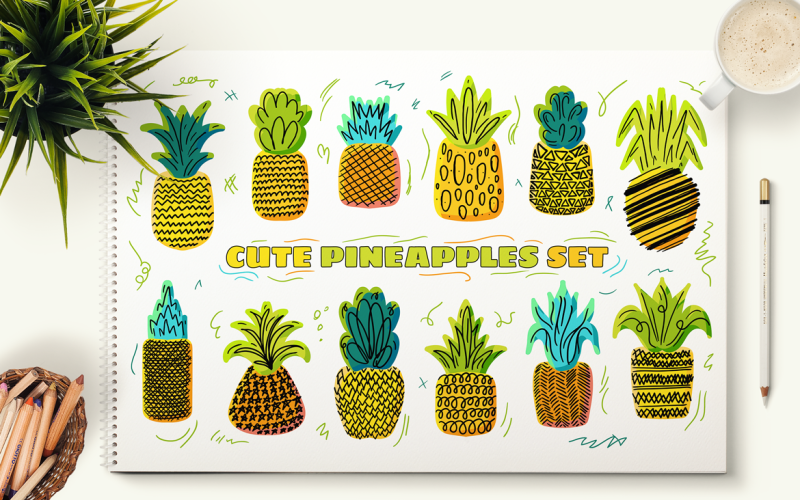 Download Фирменный стиль "Cute Hand Drawn Pineapples Set - Corporate Identity Template" / Cute Hand Drawn Pineapples Set - Corporate Identity Template - Фирменный стиль на тему графика hand-drawn,illustration,design,sweet,food,decorative,trendy,nature,summer,minimal,vector,simple,textured,natural,organic,art,color,collection,drawn,clipart,tropical,fresh,hand,style,pack,clip