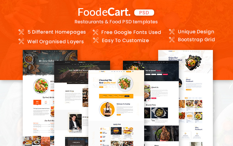 Download PSD шаблон "Foodecart - Restaurants & Food PSD Template" / Foodecart - Restaurants & Food PSD Template - PSD шаблон на тему еда и ресторан barbecue,burger,business,cafe,corporate,creative,fish,food,grill,luxury,restaurant,personal,retail,steak,wine,foodecart,multipurpous,pizza