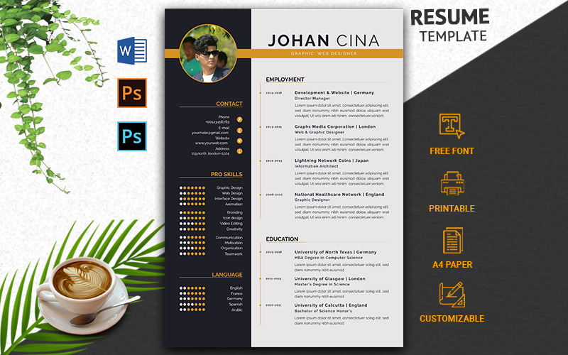 Download Резюме "Creative CV Resume Template" / Creative CV Resume Template - Резюме на тему графика cv,rsume,template,a4,modern,minimal,letter,profational,creative,eaditable,word,indesign,cvdesign,docx,jobecv,elegent,professional,clean,&amp;amp;,resume
