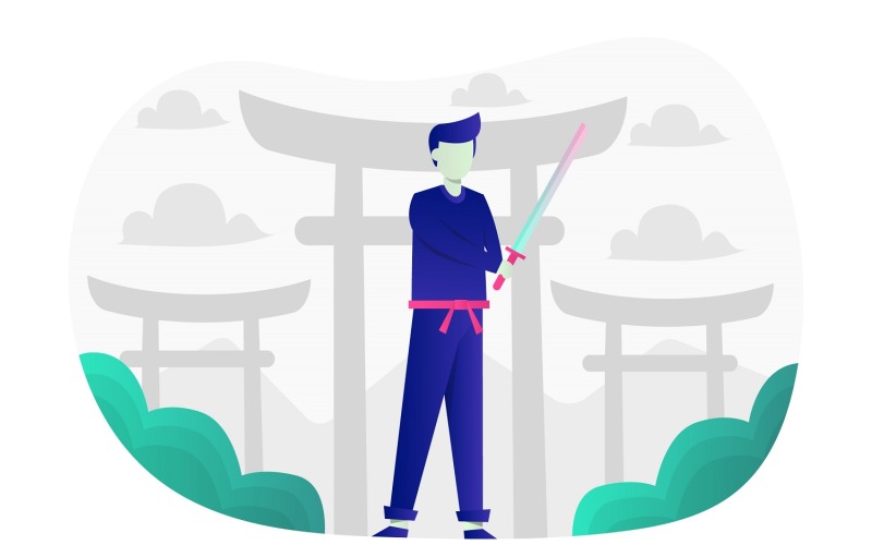 Samurai Ninja Illustrazione Piatta - Immagine Vettoriale