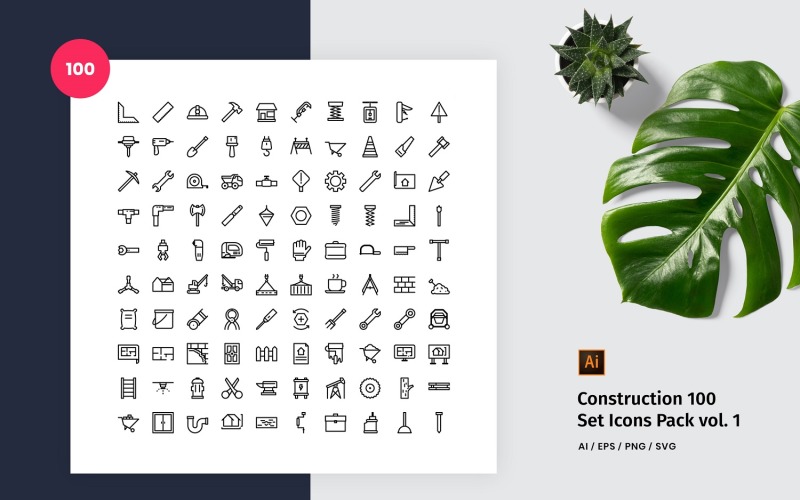 Download Набор иконок "Construction 100 Set Pack Icon" / Construction 100 Set Pack Icon - Набор иконок на тему графика icons,business,construction,outline,line,pack,architecture,building,industrial,factory,contractor,crane,city,tools,worker