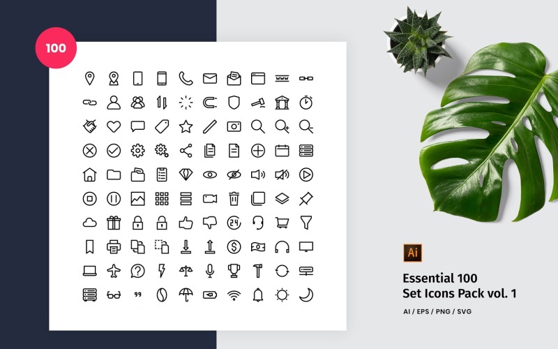 Download Набор иконок "Essential 100 Set Pack Icon" / Essential 100 Set Pack Icon - Набор иконок на тему графика icons,business,ui,essential,outline,line,pack,set,kit,vector,eps,png,svg,ai,simple