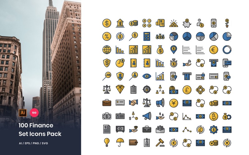 Download Набор иконок "100 Finance Pack Icon Set" / 100 Finance Pack Icon Set - Набор иконок на тему графика icon,pack,set,finance,bank,accounting,business,financial,fintech,currency,investments,stock,exchange,coin,economy