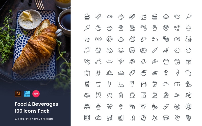 Food & Beverages 100 Set Pack Iconset Template