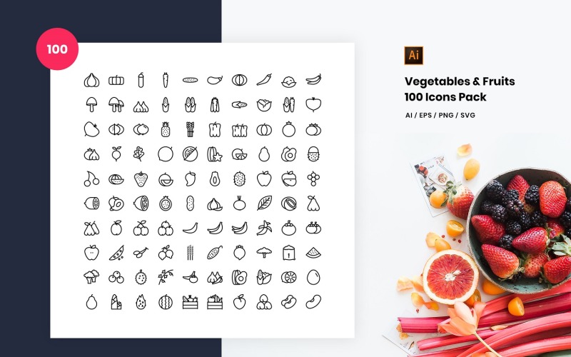 Download Набор иконок "Vegetables and Fruits 100 Set Pack Icon" / Vegetables and Fruits 100 Set Pack Icon - Набор иконок на тему графика icon,line,set,pack,fruits,vegetables,agriculture,farming,gardening,food,salad,organic,green,vegan