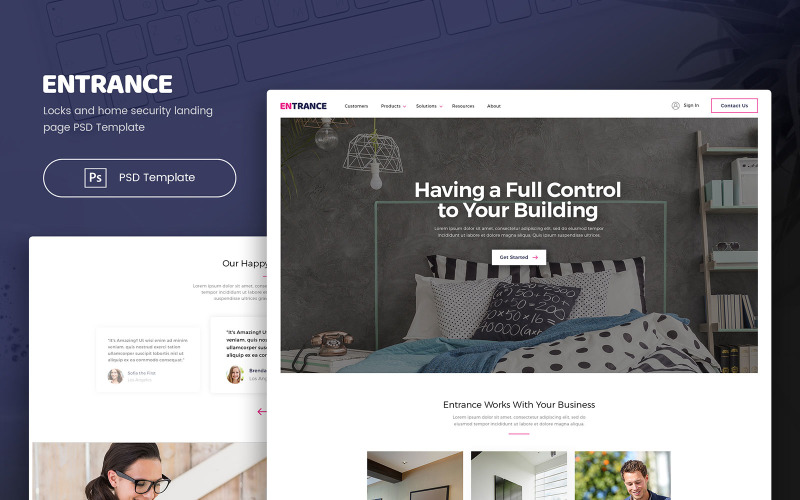 Download PSD шаблон "Entrance - Locks and Home Security PSD Template" / Entrance - Locks and Home Security PSD Template - PSD шаблон на тему графика psd,photoshop,website,lock,system,security,landing,user,interface,template