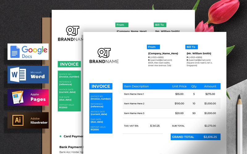 Download Фирменный стиль "Go Auto Calculation Google Docs Word Pages Invoice Bill" / Go Auto Calculation Google Docs Word Pages Invoice Bill - Фирменный стиль на тему графика invoice template,ms word,auto calculation,cash memo,modern,apple pages,ecommerce,quotation,best invoice,proforma,sales template,top factuur,bill,corporate,rechnung,invoice design,sample,googl