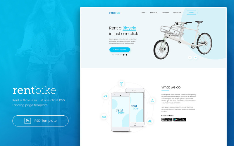 Download PSD шаблон "RentBike - Rent a Bicycle Landing PSD Template" / RentBike - Rent a Bicycle Landing PSD Template - PSD шаблон на тему графика website,rent,bike,bicycle,ecommerce,subcribe,psd,template,ui,user,interface