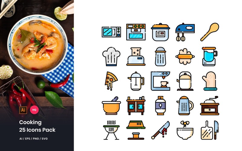 Conjunto de ícones de pacote de culinária
