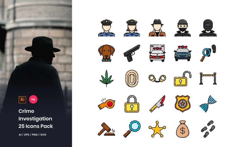 Download Набор иконок "Crime Investigation Pack Icon Set" / Crime Investigation Pack Icon Set - Набор иконок на тему графика icon,line,lineal,color,crime,investigation,detective,murder,criminal,mafia,inspector,mystery,victim,dog,police