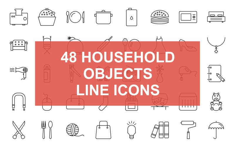 Download Набор иконок "Household Objects Line Black Icon Set" / Household Objects Line Black Icon Set - Набор иконок на тему графика toaster,roller,pin,mixer,spoon,and,fork,spoons,baking,gloves,water,glasses,coffee,cups,cocktail,glass,cup,cake,utensils,cooking