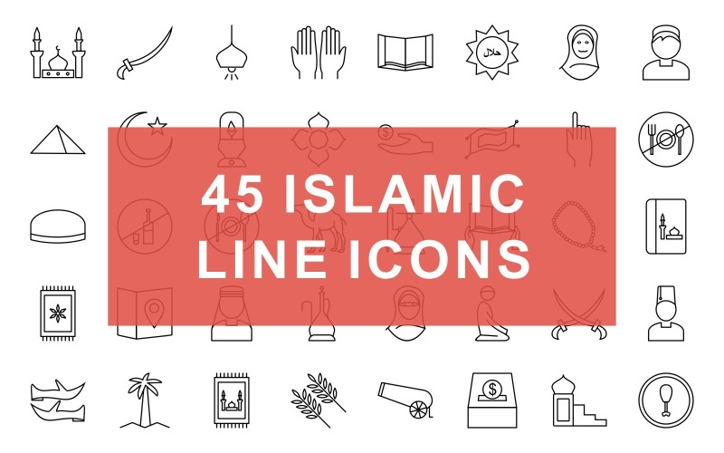 Download Набор иконок "Islamic Line Black Icon Set" / Islamic Line Black Icon Set - Набор иконок на тему графика icon,vector,design,illustration,iconic,line,islam,islamic,religion,prophet&amp;#039;s,mosque,star,prayer,beads,coconut,tree,magical,lamp,new,moon
