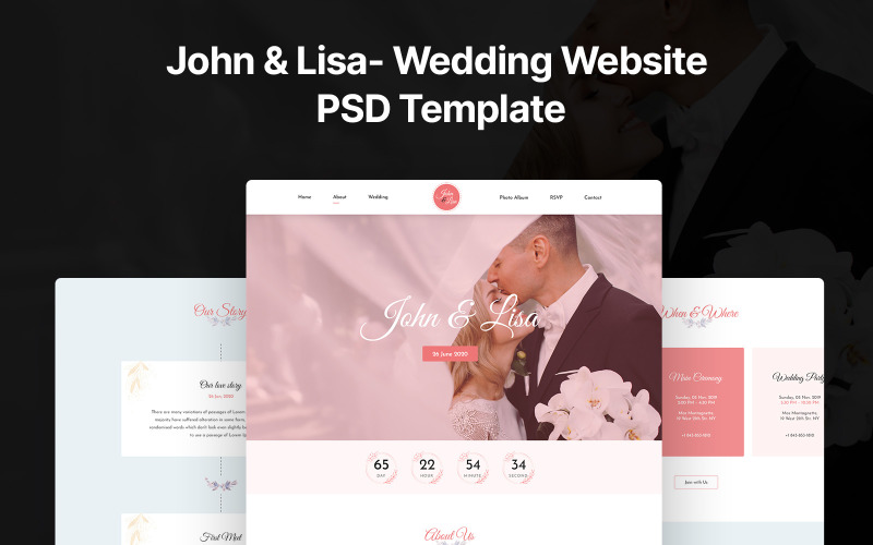 Download PSD шаблон "John and Lisa- Wedding PSD PSD Template" / John and Lisa- Wedding PSD PSD Template - PSD шаблон на тему организация свадьбы modern,photo,gallery,photography,theme,portfolio,wedding,event,photographer,planner,bridal,bride,brides,couple,save,the,dateundefined,jewelry,marriage,invitation