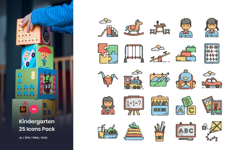 Download Набор иконок "Kindergarten Pack Icon Set" / Kindergarten Pack Icon Set - Набор иконок на тему графика icons,colorline,glyph,twotone,flat,yellowshadow,kindergarten,education,childhood,school,preschool,kids,classroom,playground,children