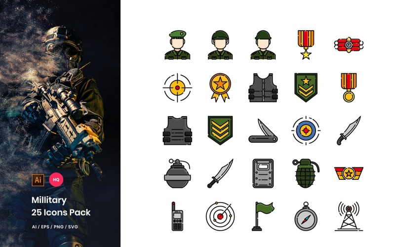 Download Набор иконок "Military Pack Icon Set" / Military Pack Icon Set - Набор иконок на тему графика icon,pack,soldier,linealcolor,army,war,military,cop,gun,shoot,bomb,shield,badge,knife,sniper