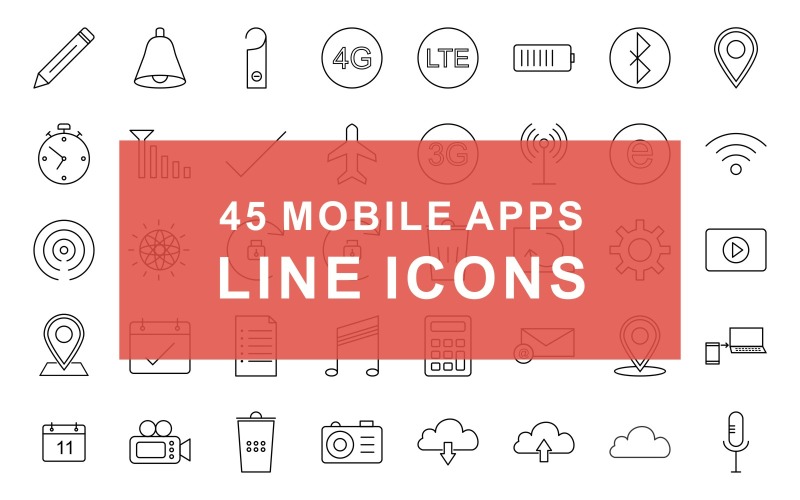 Download Набор иконок "Mobile Apps Line Black Icon Set" / Mobile Apps Line Black Icon Set - Набор иконок на тему графика edit,tick,delete,share,menu,unlock,slide,lock,sound,disabled,silent,mute,active,do,not,disturb,4g,lt,battery,bluetooth