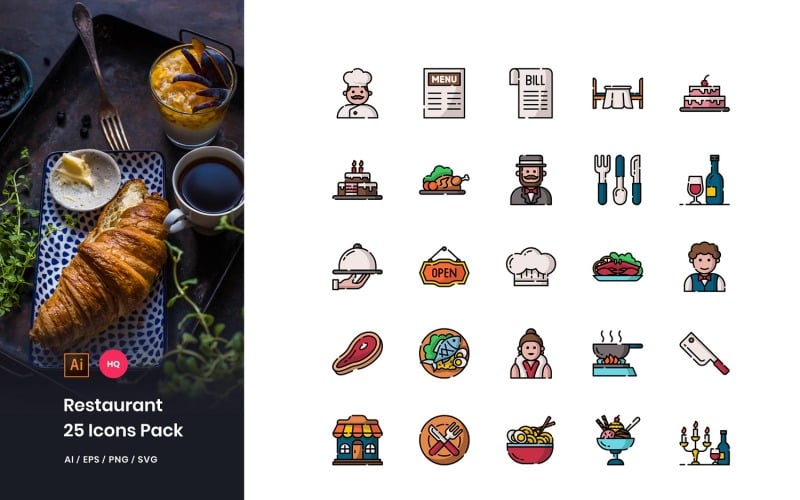 Download Набор иконок "Restaurant Pack Icon Set" / Restaurant Pack Icon Set - Набор иконок на тему графика icons,colorline,outline,restaurant,food,table,dinner,cafe,lunch,drink,business,coffeeshop,cuisine,cooking,dessert