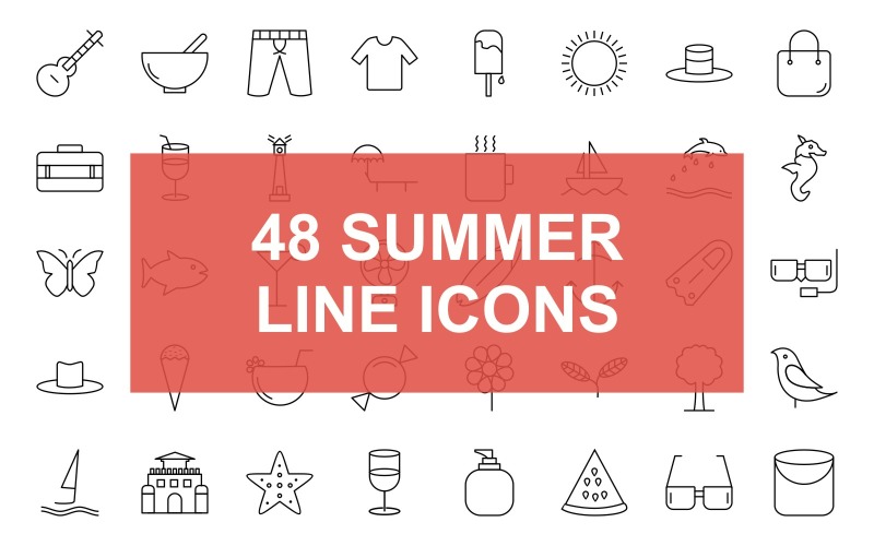 Download Набор иконок "Summer Line Black Icon Set" / Summer Line Black Icon Set - Набор иконок на тему графика guitar,lighthouse,anchor,surfing,swimming,tire,camera,cap,tickets,food,shorts,shirt,ice,lolly,sun,hat,handbag,suitcase,juice,sunbathing