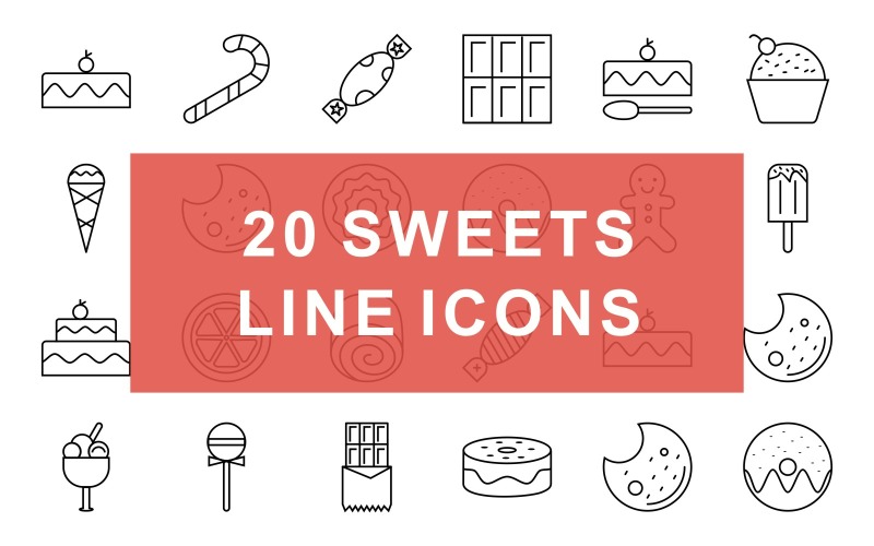 Download Набор иконок "Sweets Line Black Icon Set" / Sweets Line Black Icon Set - Набор иконок на тему графика icon,icons,set,vector,design,illustration,iconic,line,black,lollipop,toffee,cake,small,candy,stick,chocolate,biscuit,piece,cupcake,cup